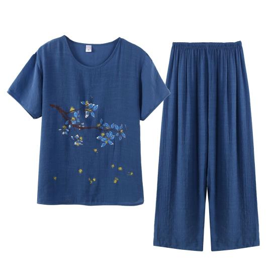 Женский пижамный комплект, дышащий цветочный принт со средней талией, повседневный простой женский комплект среднего возраста для выхода на улицу
