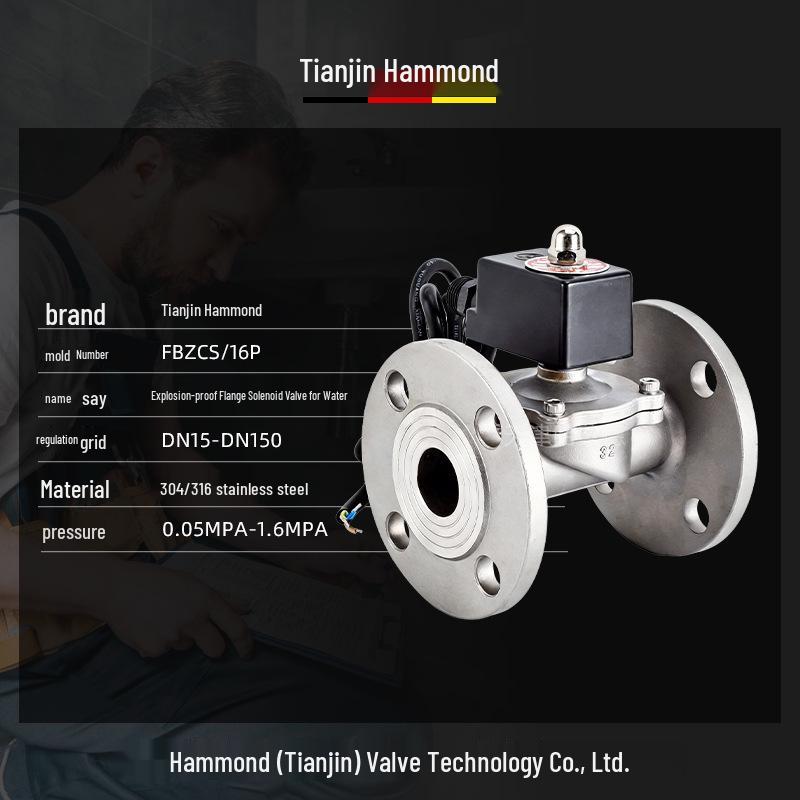 Взрывозащищенный соленоидный клапан для воды Hammond 220В, Нержавеющая сталь 304, Фланцевый, Нормально закрытый, Переключатель 24В