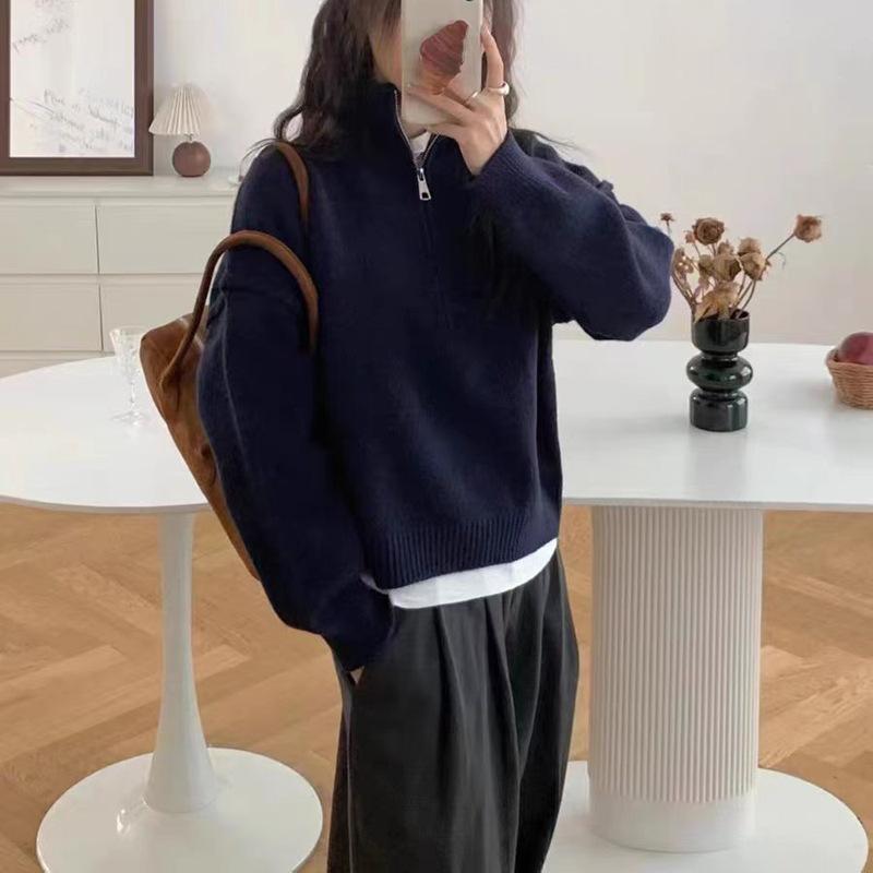 Autumn and Winter Half Zipper Stand Up Collar Knitted Sweater for Women Coat Top Women