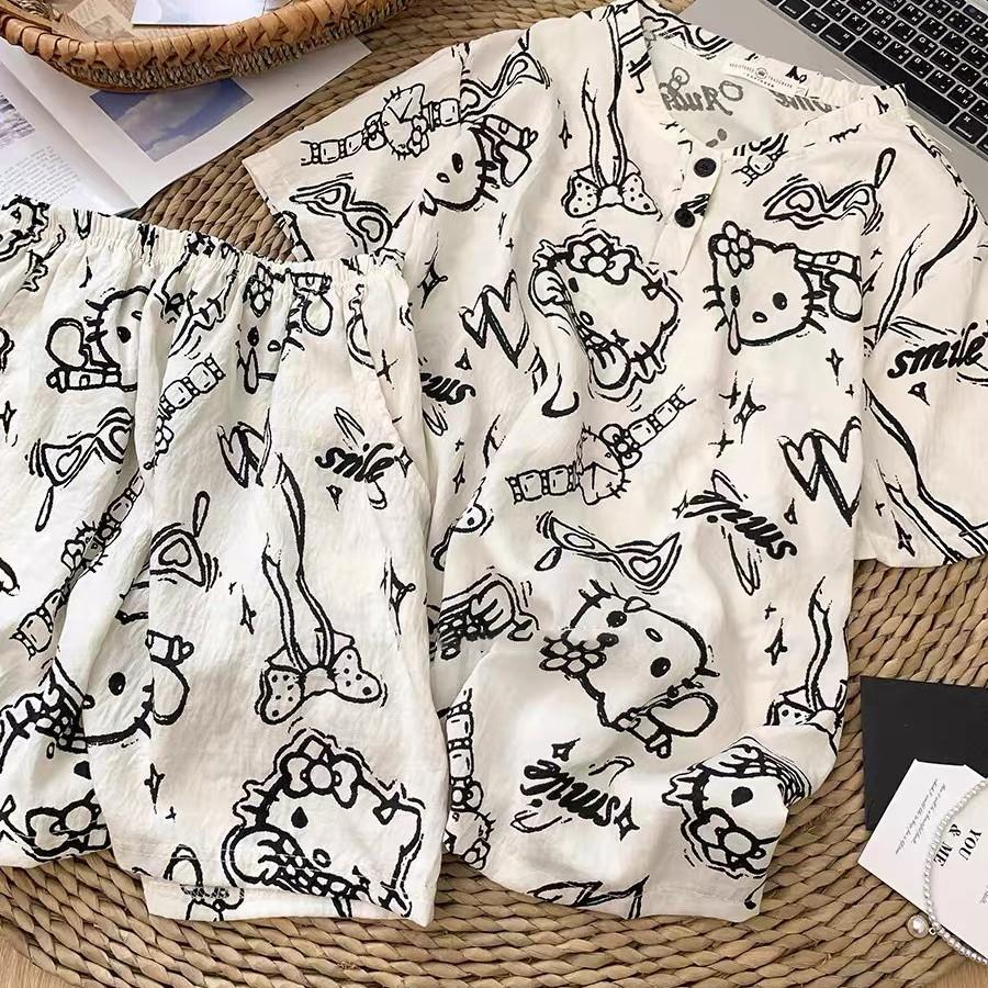 Летний пижамный комплект для девочки в стиле граффити с принтом Hello Kitty, летняя футболка с коротким рукавом и шорты, кардиган, двухпредметный домашний костюм