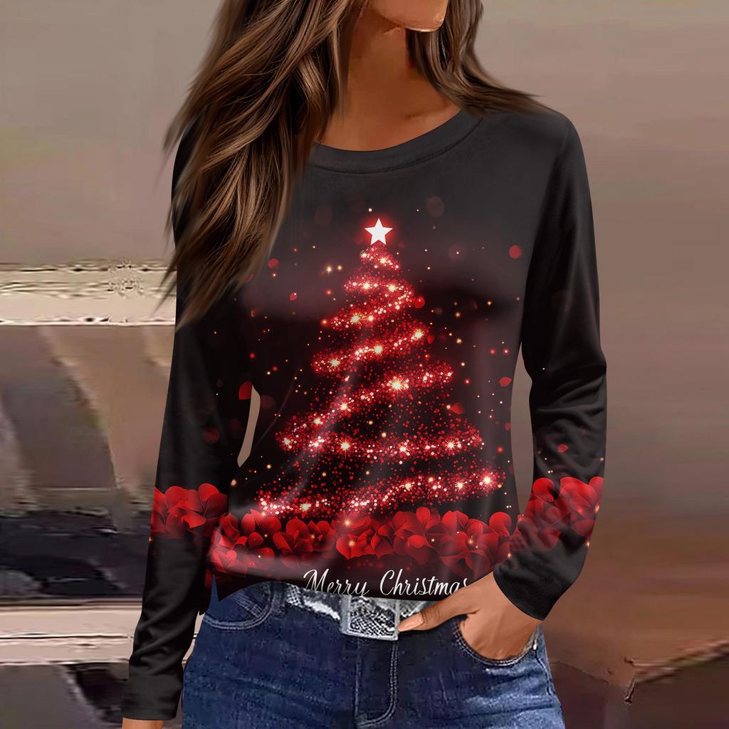 Женская модная повседневная футболка с разрезом по низу, круглым вырезом, длинными рукавами, свободного кроя, с рождественским принтом, женский топ