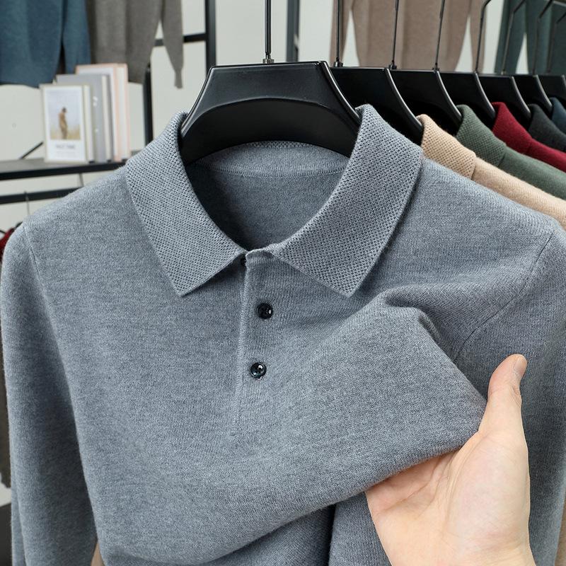 Men S Thick Knit Sweater Turn Down Collar Solid Color Long Sleeve Casual Pullover