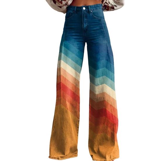 Women Casual Trousers Colorful 3D Floral Printing Flared Leg High Waist Plus Size Jeans Button Zipper Closure with Pockets Lojng Pants for Dating