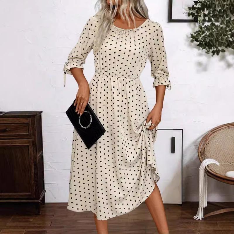 Осеннее женское элегантное и удобное платье в горошек, широкое платье-трапеция со средним рукавом