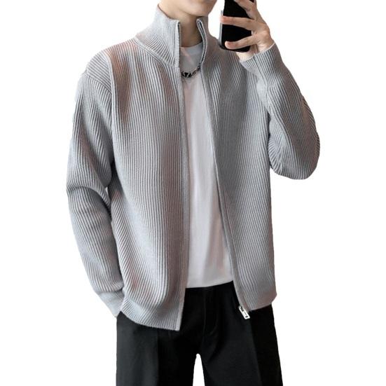 Мужской свитер, пальто, застежка-молния, трикотаж, эластичный, с длинными рукавами, воротником-стойкой, верхняя одежда, однотонный повседневный кардиган, повседневная школьная куртка средней длины