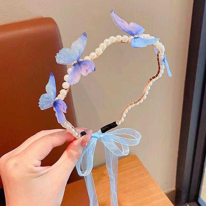 Butterfly Headband Children Streamer Hair Hoop Baby Cute Princess Female Cute Pearl Hairband Finishing Hairpin Hair Accessorie