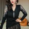Office Ladies V Neck Beaded Shirt Lace Crochet Splicing Mesh Long Sleeve Spring Shirt Women's Fashion Peplum Tops Large Size