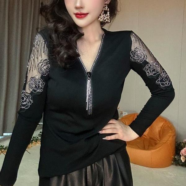 Office Women's V-neck Beaded Lace Crochet Mesh Spring Long Sleeve Shirt Women Fashion Peplum Tops Large Size