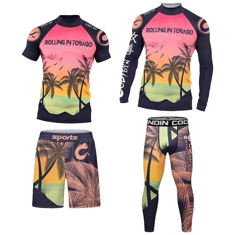 Mens Quick-Dry Printed Stretch Athletic Compression Set - Short Sleeve T-Shirt Long Pants Gym Basketball Outdoor Fitness