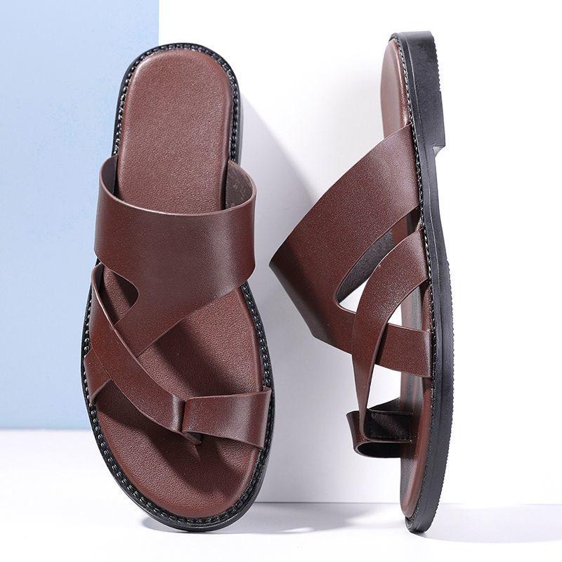 Мужские черные кожаные тапочки Простые шлепанцы Летние коричневые уличные римские сандалии Уличная пляжная обувь для отца Большого размера