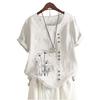 Women Fashion Cotton Linen Blouse Summer&fall Round Neck Short Sleeved Top Laides Casua Floral Print Loose T-shirt