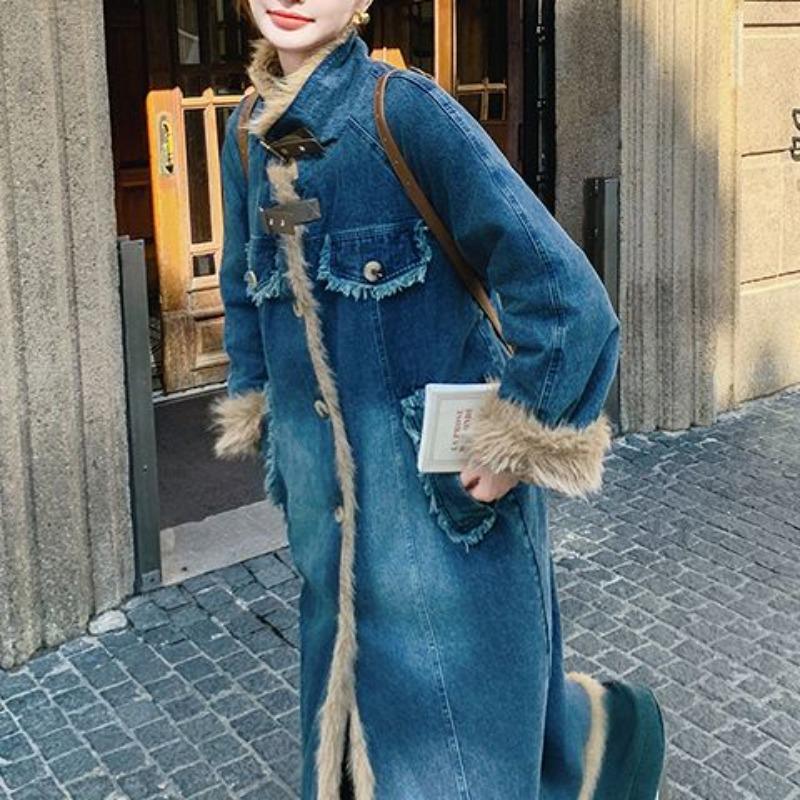 Women's Lamb's Woolen Patchwork Cowboys Cotton Coat Jacket Winter Long Overcoat Coat Comfort Fashion Winter Coat Women