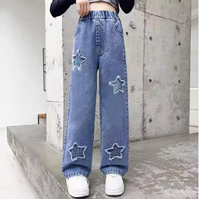 Джинсы-карго с широкими штанинами для девочек-подростков, весна-осень, модные детские повседневные джинсовые брюки для школьников, прямые мешковатые брюки