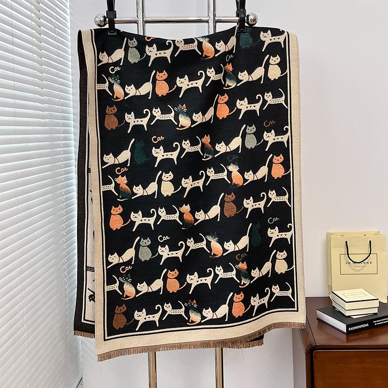Кот Зимний Шарф Женские Пашмины Шали И Накидки Кашемировое Одеяло Теплые Толстые Стулы Для Леди Уличные Bufanda   Принт