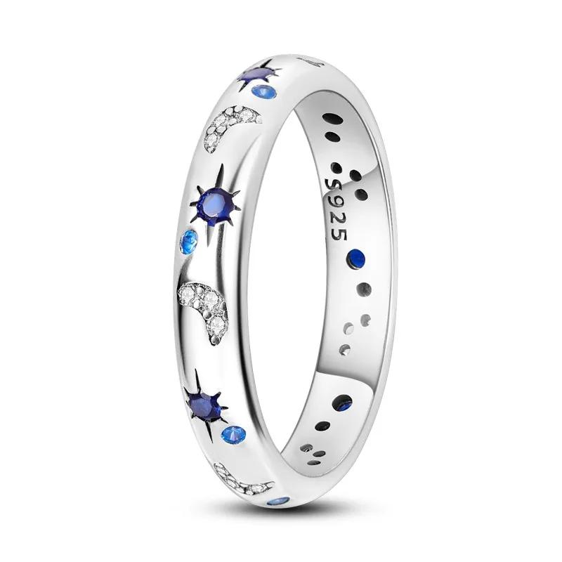 2023 New Celestial Blue Sparkling Moon Sun Star Crystal Ring for Women Fashion Elegant Stackable Finger Band Party Jewelry Gifts