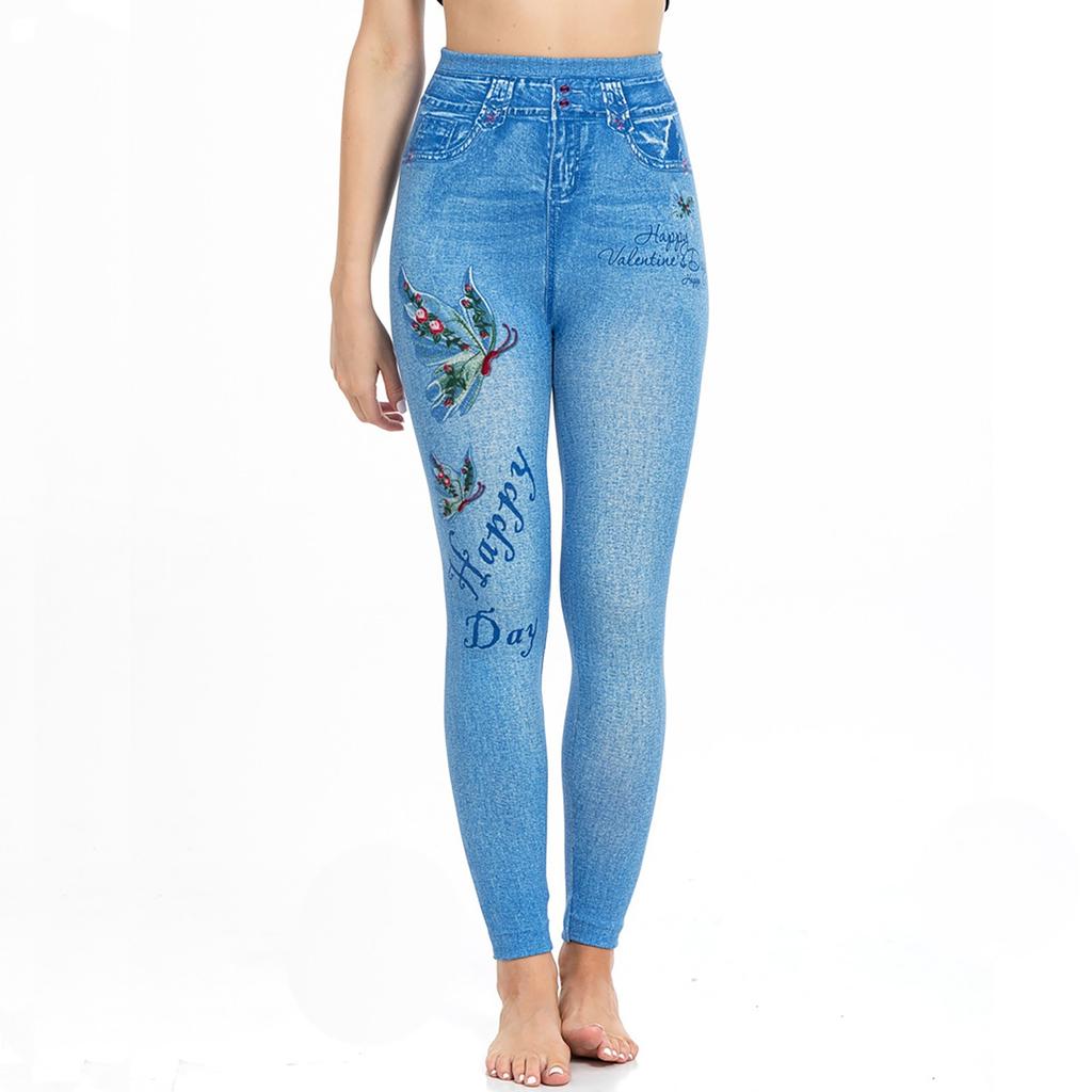 Женские облегающие повседневные спортивные штаны для йоги с эластичной резинкой на талии из имитации джинсовой ткани