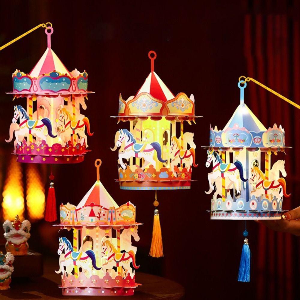 Creative 3D Cartoon Carousel Lantern PVC Waterproof Handheld Lantern Handmade Chinese Style Portable Lanterns New Year