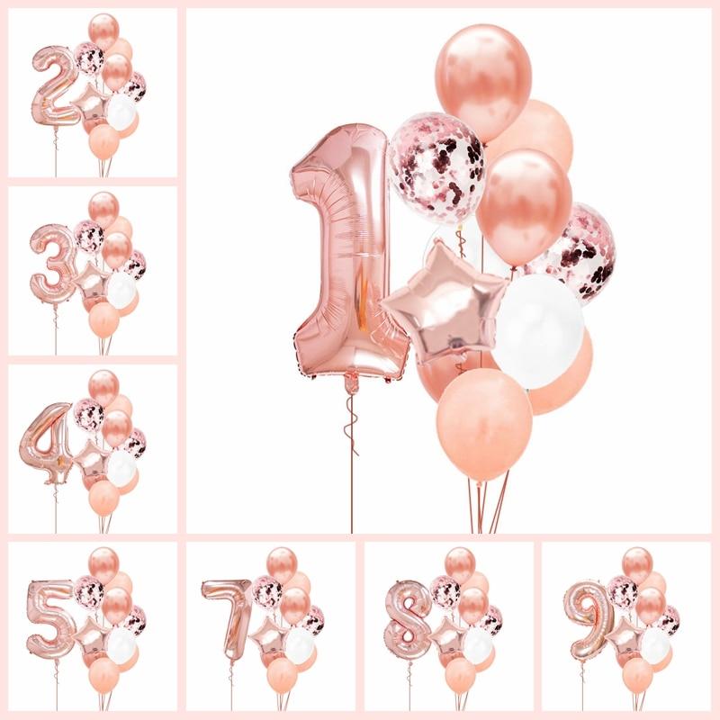 12 шт., номер из фольги, розовое золото, латексные шары, украшение для дня рождения, для детей, для маленьких девочек, 1st, 1, 2, 3, 4, 5, 6, 7, 8, 9, один год