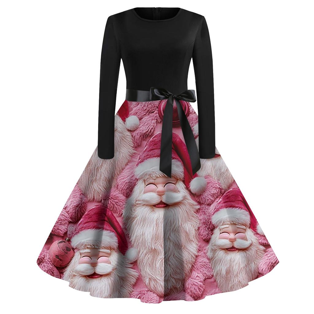 Женская мода винтаж с длинным рукавом и круглым вырезом с рождественским принтом вечерние платья платья