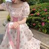Elegant Floral Dress Women Lace Up Korean Princess Fairy Sweet Midi Dress Bandage Chic Designer Puff Sleeve Casual Dress Summer