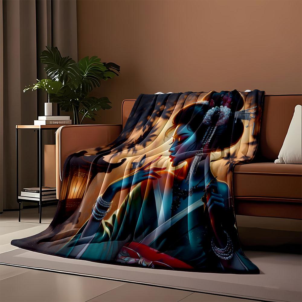 Elegant Geisha with Lantern and Butterfly print blanket soft and cozy perfect for the living room bed sofa or a nap,gift