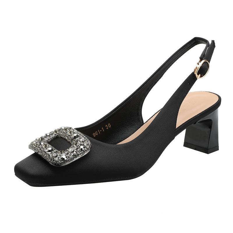 Босоножки Baotou женские 2025 новые летние на толстом каблуке туфли-лодочки средней высоты каблука с пряжкой со стразами французский квадратный носок высокий каблук