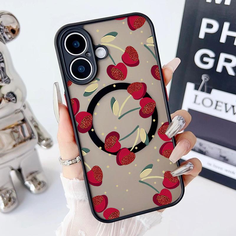Cherry Pattern Magnetic Shockproof Phone Case for iPhone 16 15 14 Plus 13 12 Pro Max 11 Acrylic Hard Clear Plain Color Soft Edges Lens Protection Case
