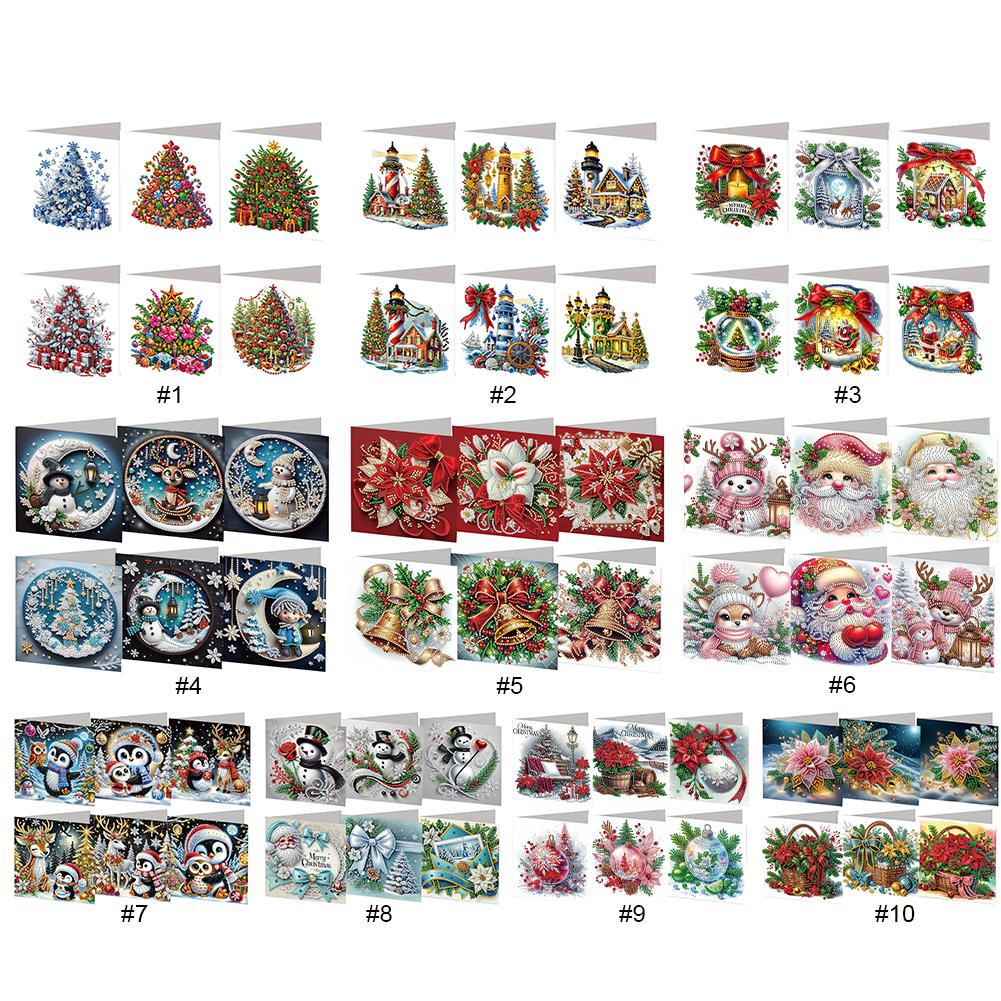 6pcs DIY Xmas Designs Diamond Painting Greeting Card Set Rhinestone Diamond Art Mosaic Postcards for Festivals and Celebrations