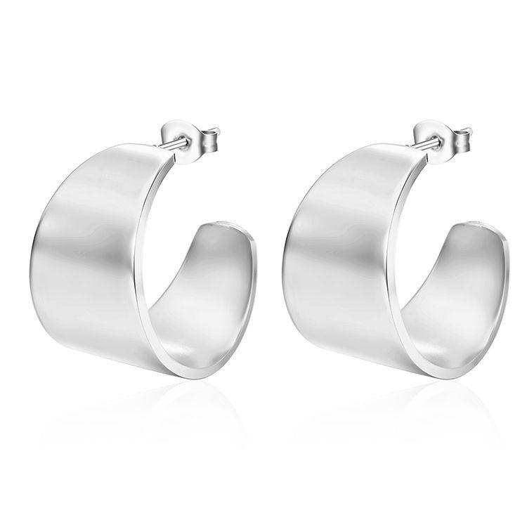 Elegant Titanium Steel C-Shaped Earrings - European and American Style, Wide Surface Design.