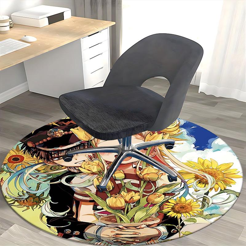 1pc Anime Cartoon Design Sunflower & Tulip Round Carpet Office Chair Mat, NonSlip Rug for Home Decor, Living Room, Bedroom