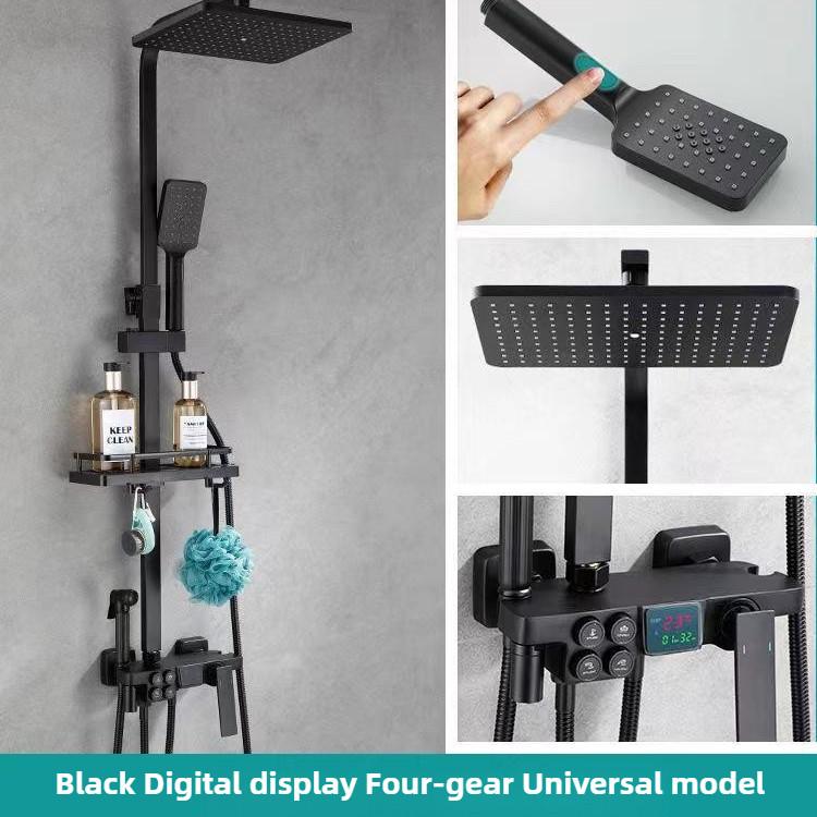Черный цифровой дисплей Напорная душевая лейка Бытовая ванная комната Термостатический тропический душ Кнопочная душевая лейка Набор