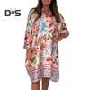 Женское платье больших размеров в стиле бохо с цветочным принтом, короткими рукавами, застежкой на пуговицы, V-образным вырезом, летнее повседневное платье-рубашка длиной до колена