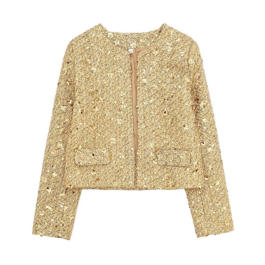 Women Sequins Coat O Neck Long Sleeves Female Loose Jacket Gold Silver Wild Shiny Short Woman Cardigan Coat Streetwear