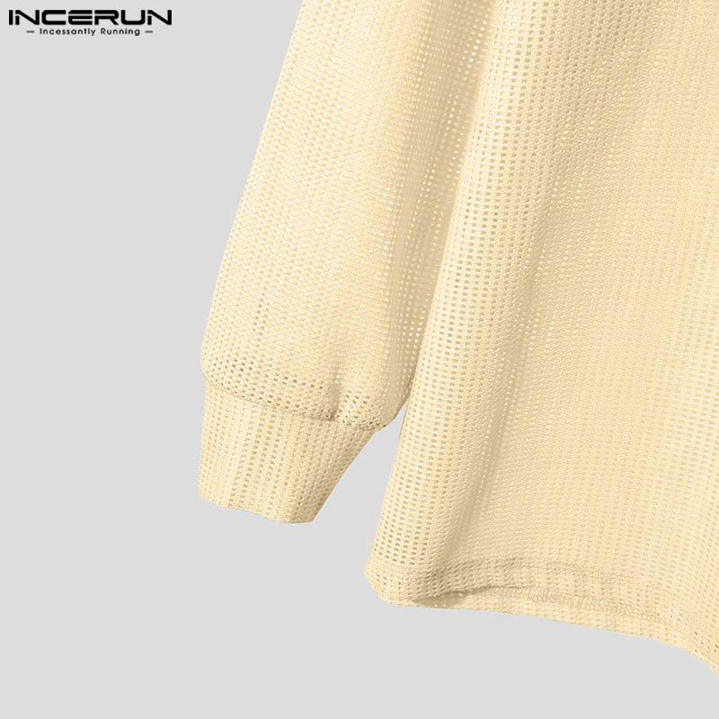 INCERUN Мужские повседневные топы с длинным рукавом и вырезом, прозрачные пуловеры