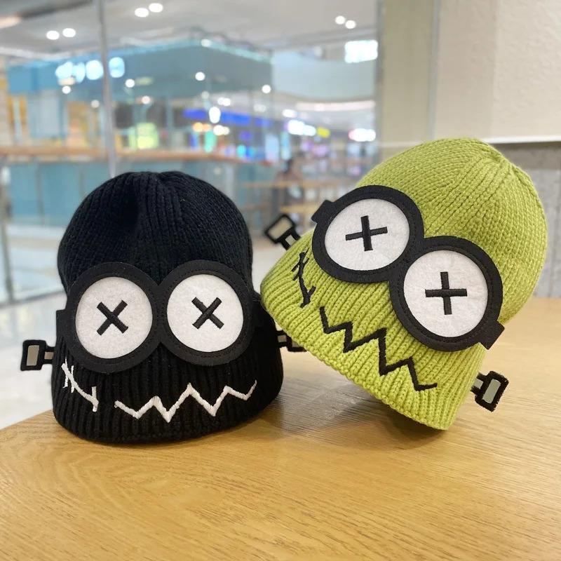 Autumn and Winter Wacky Cute Cartoon Big Eyes Pattern Knitted Mao Line Hat Women Candy Color Keep Warm Ear Protection Knitted Hat