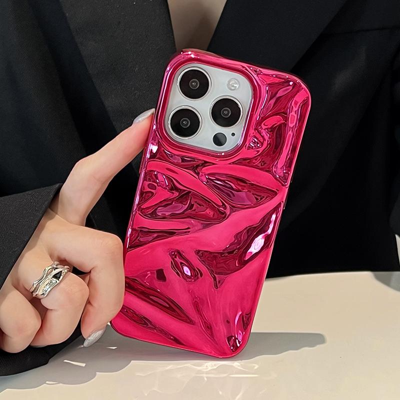 Plating Red Water Ripple Wrinkle Texture Case For iPhone 16 Pro Max 17 Air 15 14 13 12 11 16 Plus Glossy Silicone Back Cover