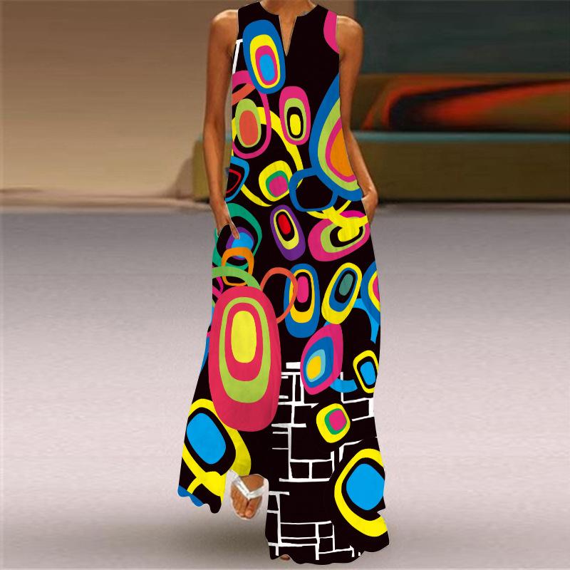 2026 new summer women's sleeveless long dress v-neck printed retro dress European and American women's clothing