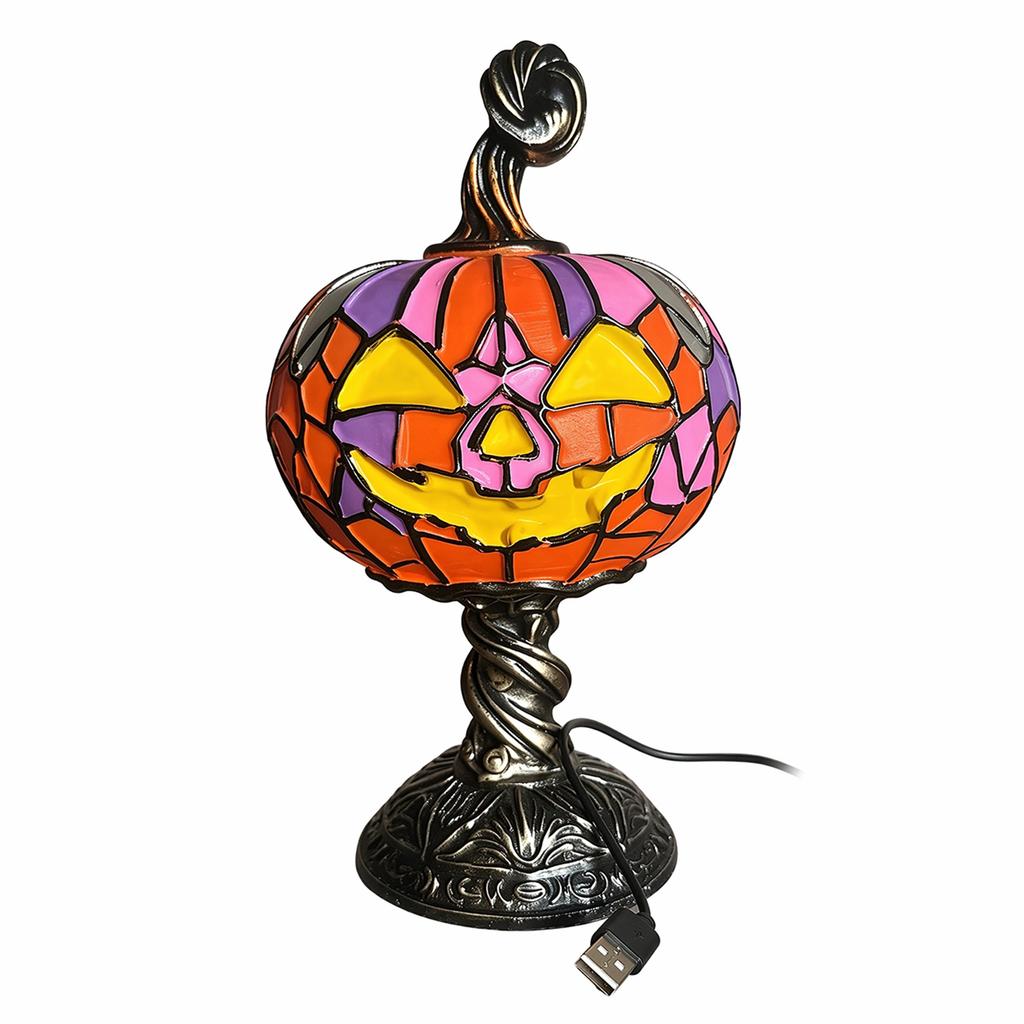 Resin Pumpkin Halloween Vintage Table Lamp Colored Glass Style Night Light Atmosphere Home Decor Ornament