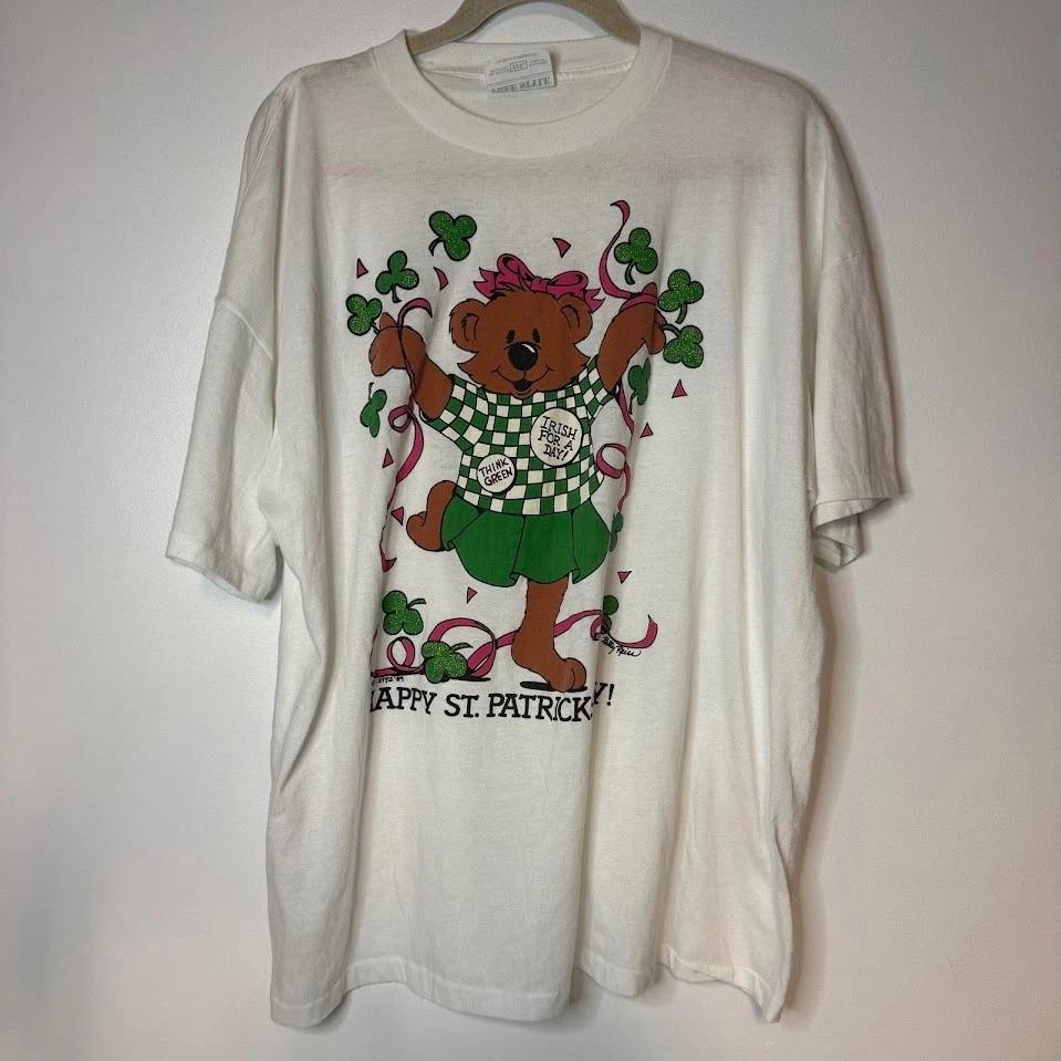 VTG St Patricks Day Cute Teddy Bear Clover T-Shirt XXXL Glitter St Paddys 80s