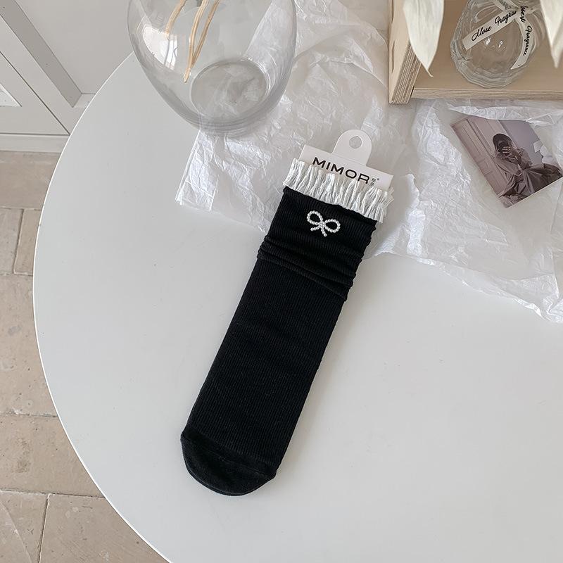 Ladies Summer Thin Bow Plingham Lace Ballet Breathable Boneless Mid Tube Pile Socks