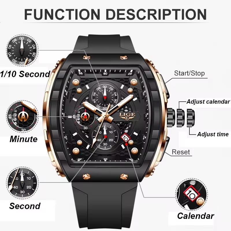 LIGE Fashion Luxury Quartz Square Watches for Men Top Brand Casual Sport 50M Waterproof Man Watch Auto Date Military Chronograph
