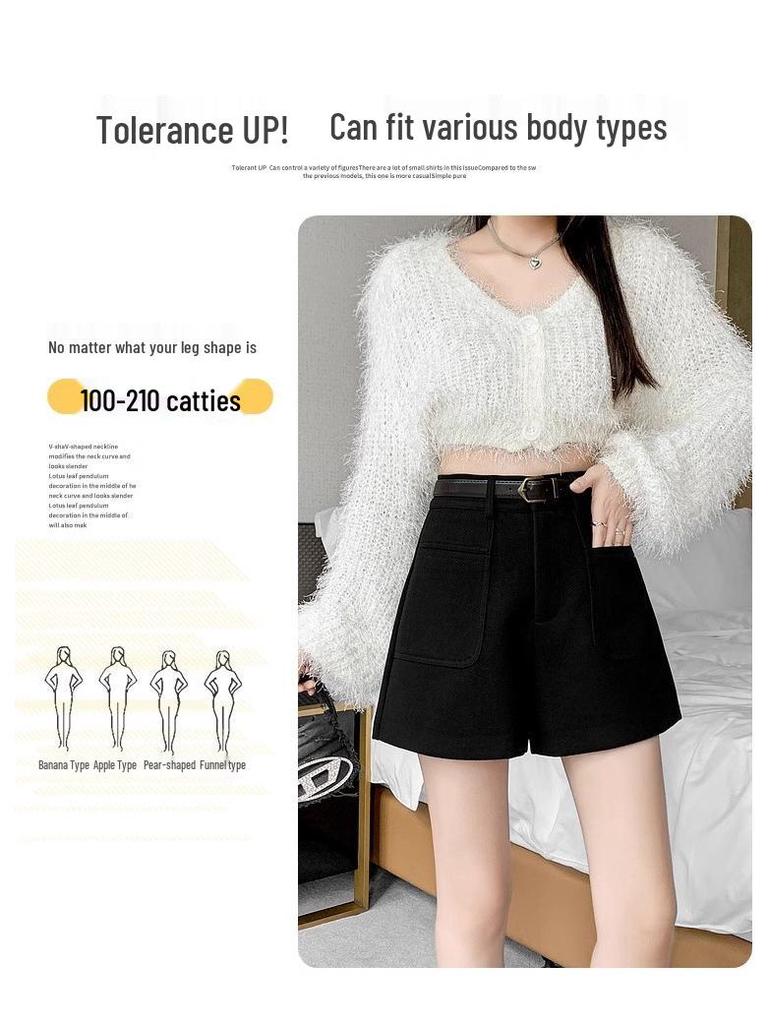 2024 Осень/Зима Женские Шерстяные Шорты с Высокой Посадкой и Широкими Штанинами - Стильные Повседневные Модные Шорты