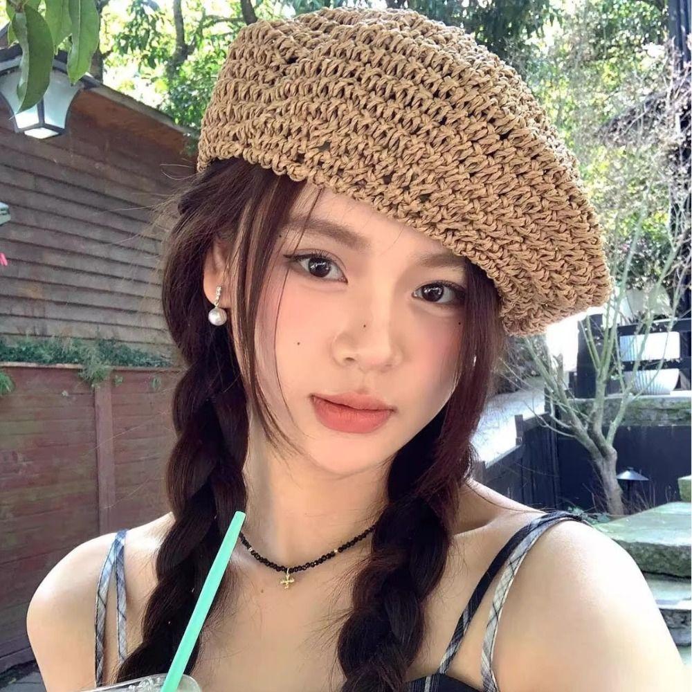 Thin French Crochet Beret Handmade Beach Weave Beret Boho Summer Straw Beret Holiday Wear