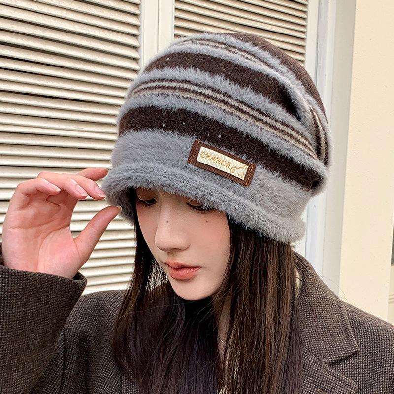 Striped Knitted Hat with Big Head Circumference Showing The Face Small Pile of Hats Versatile Warmth and Airproof Cold Hat