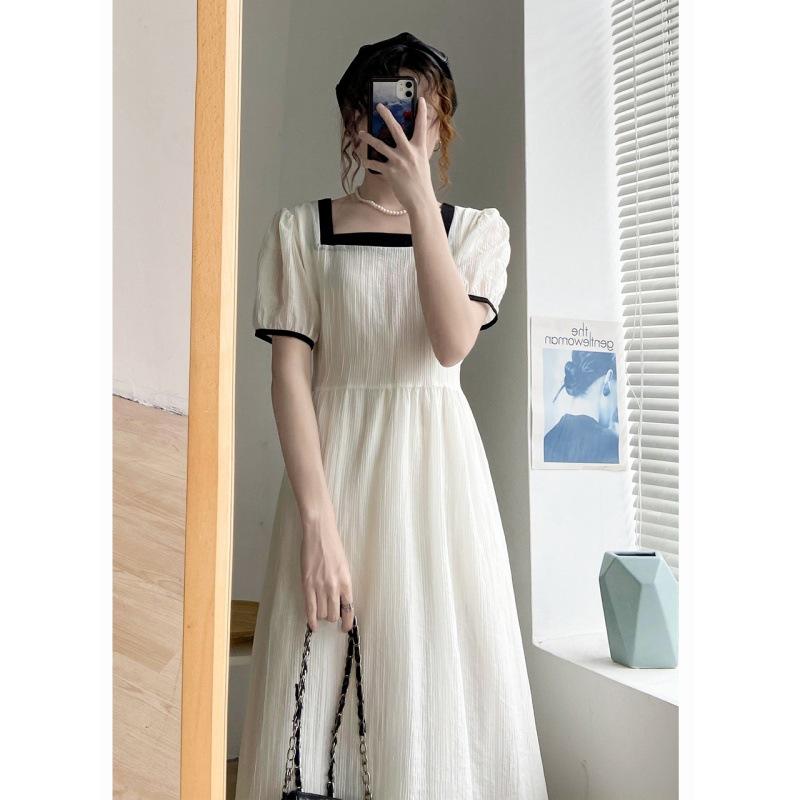 Summer 2024 French Square Collar Fairy Dress: Elegant Lace-Up, Slimming Color Block Design for Women
