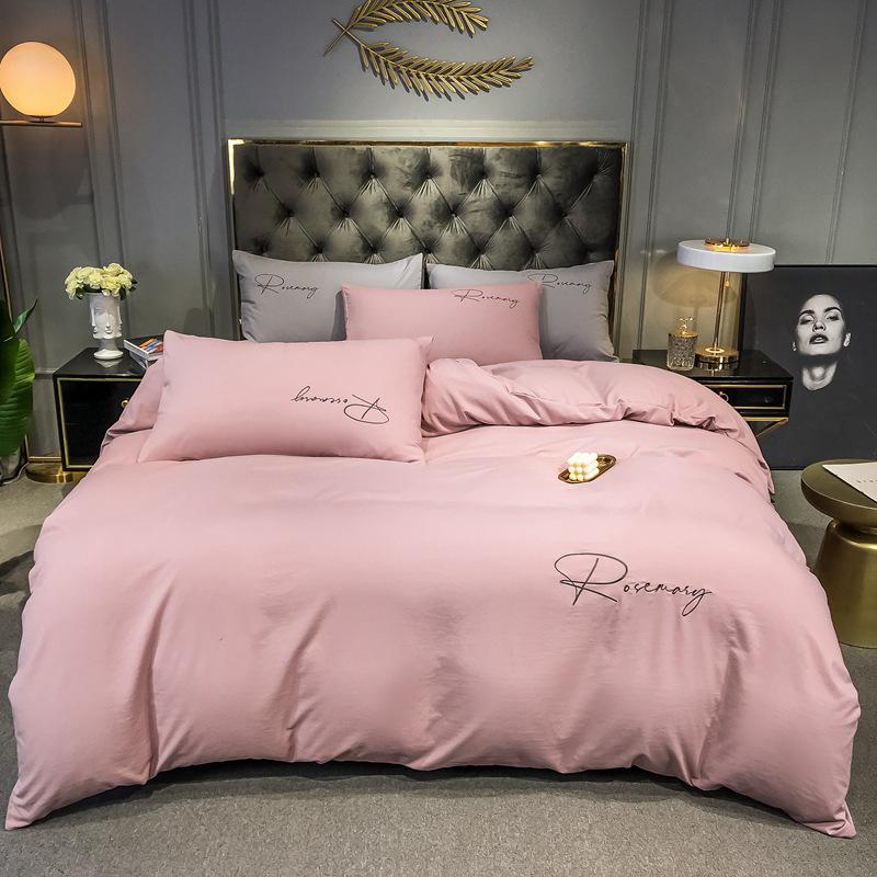 Solid Color Washed Cotton Quilt Cover with Simple Embroidery