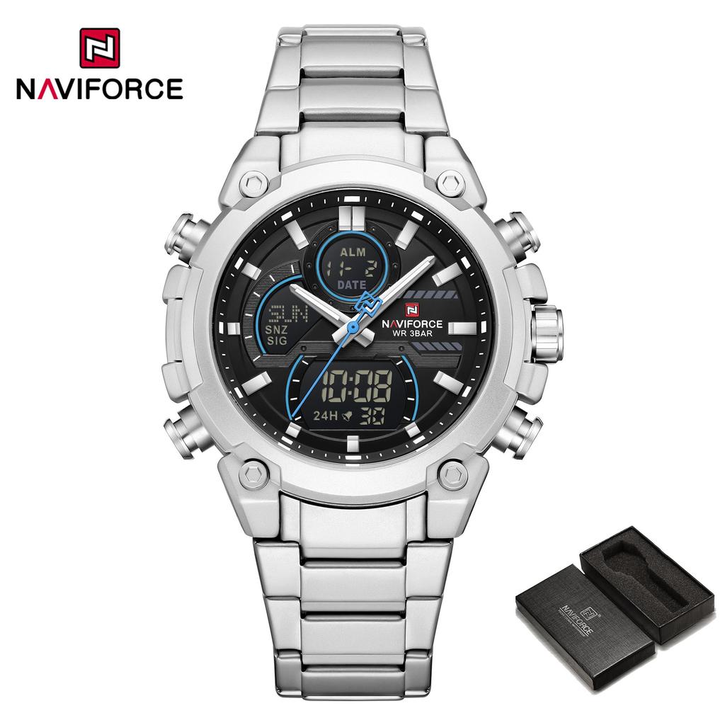 Naviforce Мужские часы с двойным временем Кварцевый механизм Цифровой ЖК-дисплей Хронограф Светящиеся стрелки Ремешок из нержавеющей стали Водонепроницаемые мужские часы NF9278