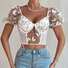 Casual V Neck Shirt Mesh Short Sleeve Crop Top Women Embroidered ButterflyT-shirt Backless Tank Top Slim Female Crop Top Fashion Tee Shirt Y2k