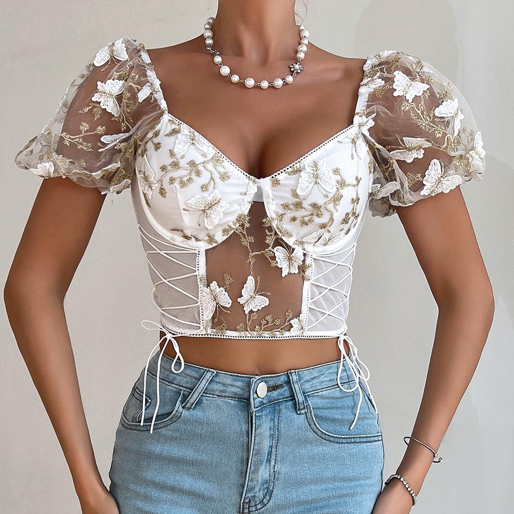 Casual V Neck  Shirt  Mesh Short Sleeve Crop Top Women Embroidered ButterflyT-shirt  Backless Tank Top Slim Female Crop Top Fashion Tee Shirt Y2k