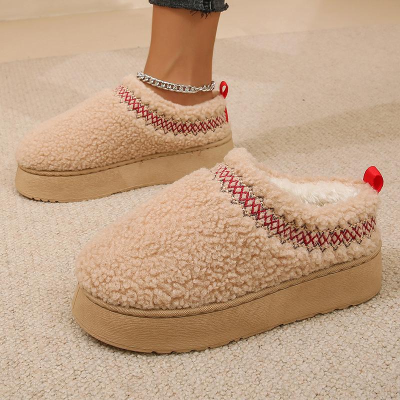 Women Embroider Wool Cotton Boots Shallow Fluffy Plush Close Toe Ladies Boots Winter Thick Suede Platform Shoes Boats